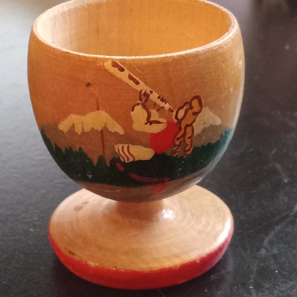 Vintage Hand painted‎ Norwegian Wood Egg Cup Scandinavian Server MADE IN NORWAY